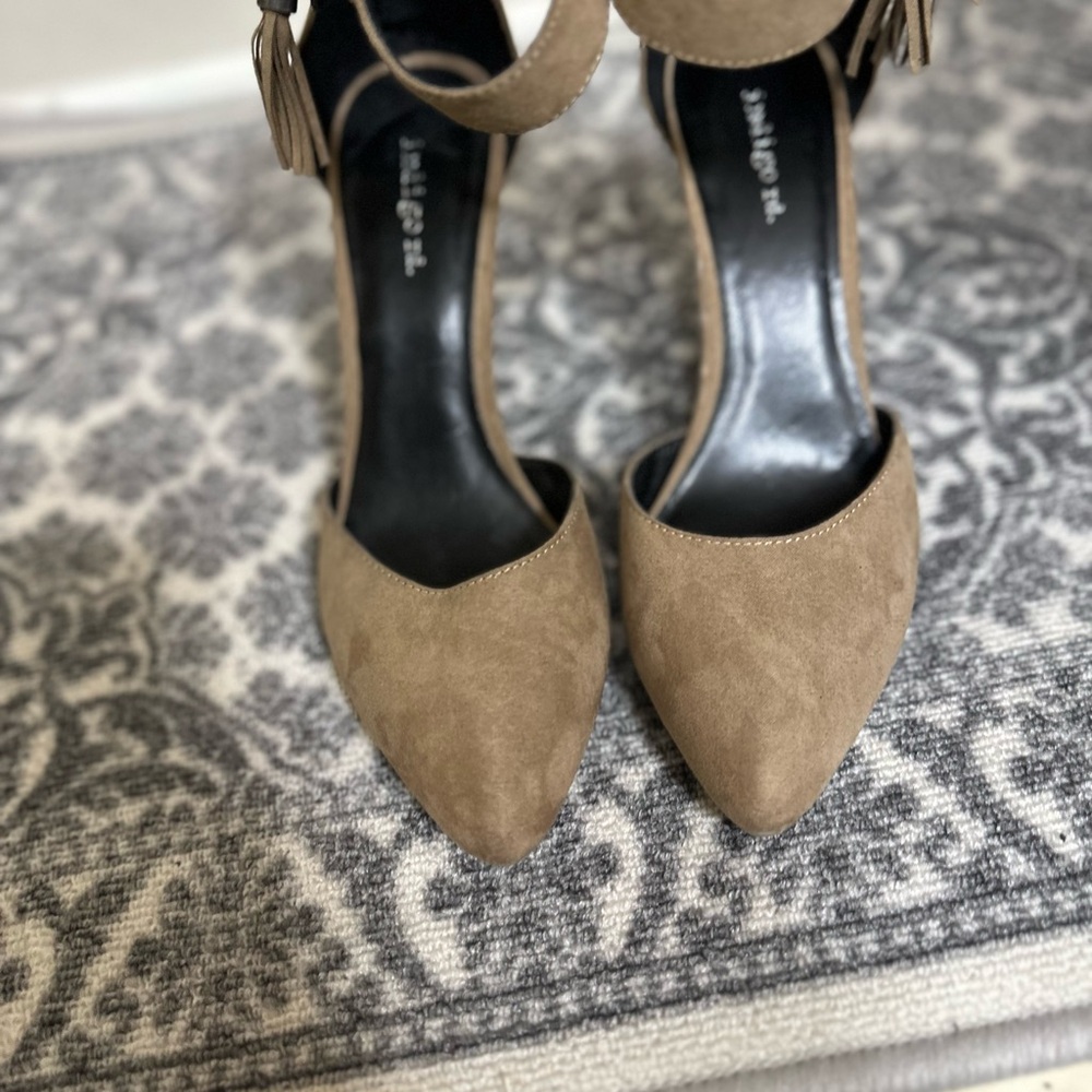 Indigo Tan Heels with Pointed Toe and Ankle Strap